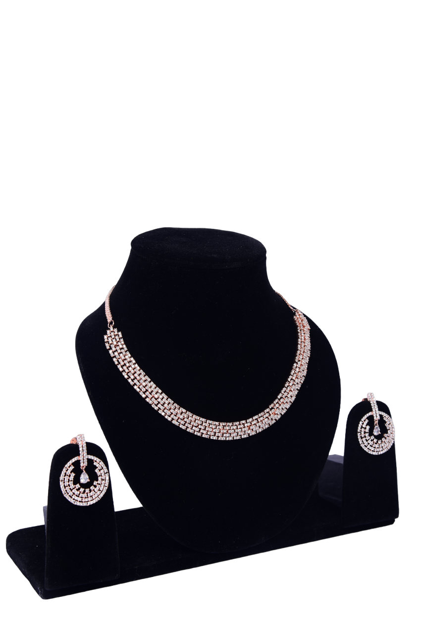 Namokriti Elegant Crystal Choker Necklace Set with Earrings – Timeless Rose Gold Shine